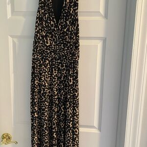 Evan Picone Black and Tan Pleated Halter Maxi Dress